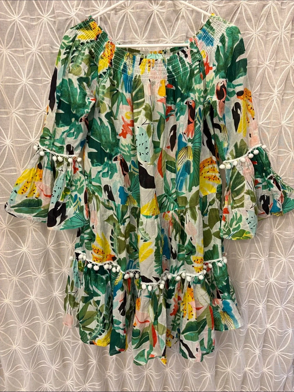 True Destinations Tropical Bird Print Smocked Dress- Green & Yellow - Picture 8 of 8